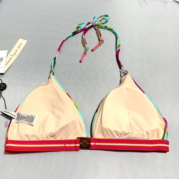 Nanette Lepore Blue Floral Triangle Bikini Top Francesca Tassels Rose Gold Sz6 - Picture 8 of 12